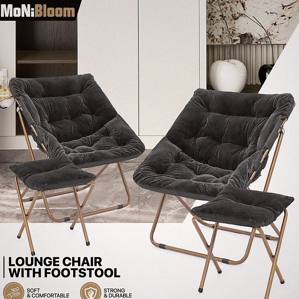 Black Set of 2 Foldable Saucer Lounge Chair Metal Frame Faux Fur Seat w/Ottoman