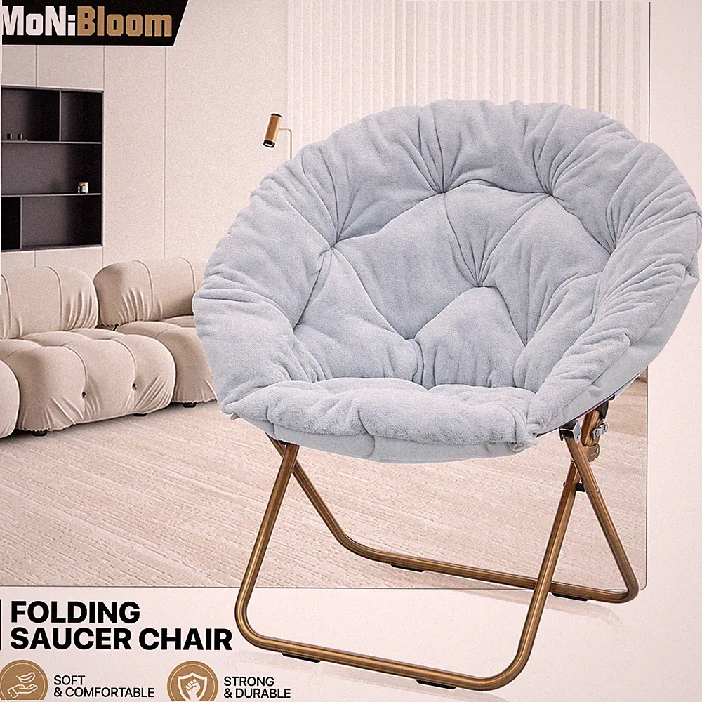 Blue Folding Saucer Chair Cozy Faux Fur Upholstery Seat Comfy Moon Lounge Chair