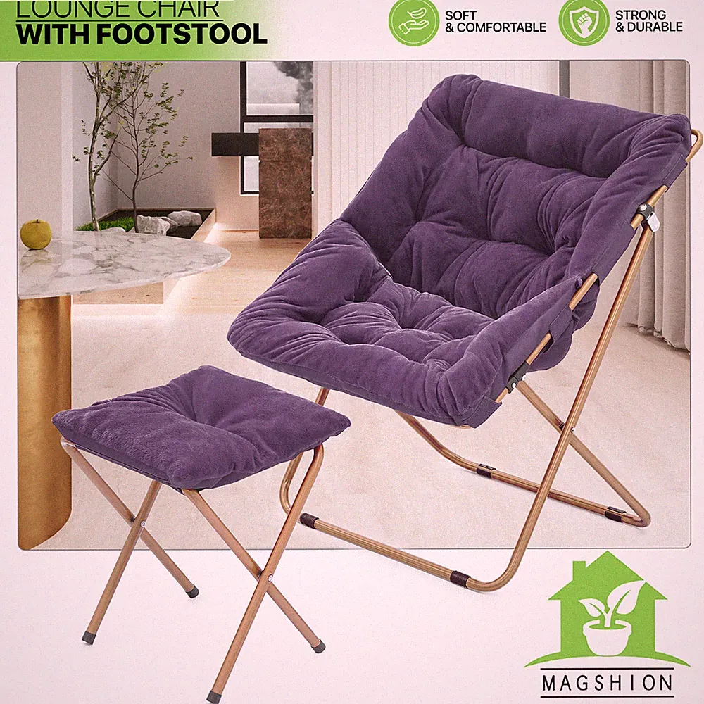 Foldable Comfy Cozy Saucer Lounge Chair Purple Faux Fur Oversized Seat w/Ottoman