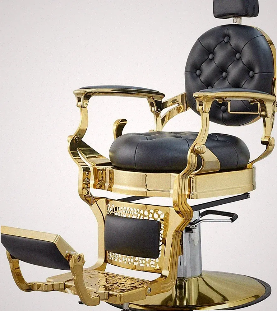 Gold and Black Hydraulic Reclining Barber Chair Adjustable Headrest Footrest