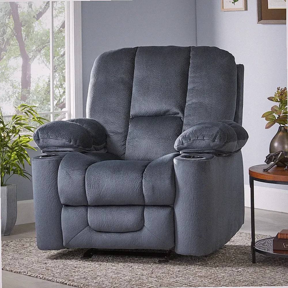 Luxurious Silver Manual Recliner - Skin-Friendly Fabric, Dual Cup Holders