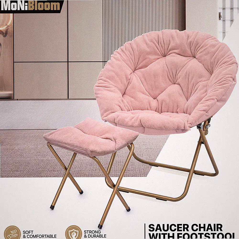 Pink Folding Saucer Cozy Chair Metal Frame Faux Fur Moon Lounge Chair w/Ottoman