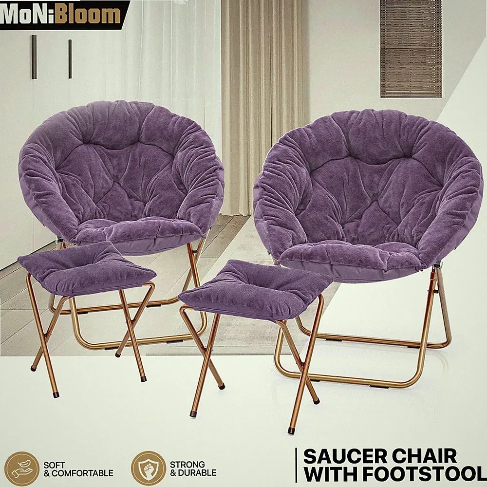 Purple 2 Pcs Foldable Cozy Saucer Chair Modern Comfy Lounge Moon Chair w/Ottoman