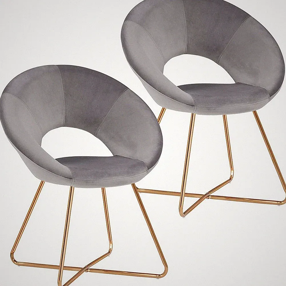 Set of 2 Modern Velvet Accent Chairs with Gold Legs - Grey Upholstered Lounge