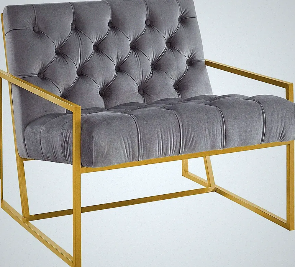 Velvet Accent Lounge Chair with Gold Frame - Gray Upholstery
